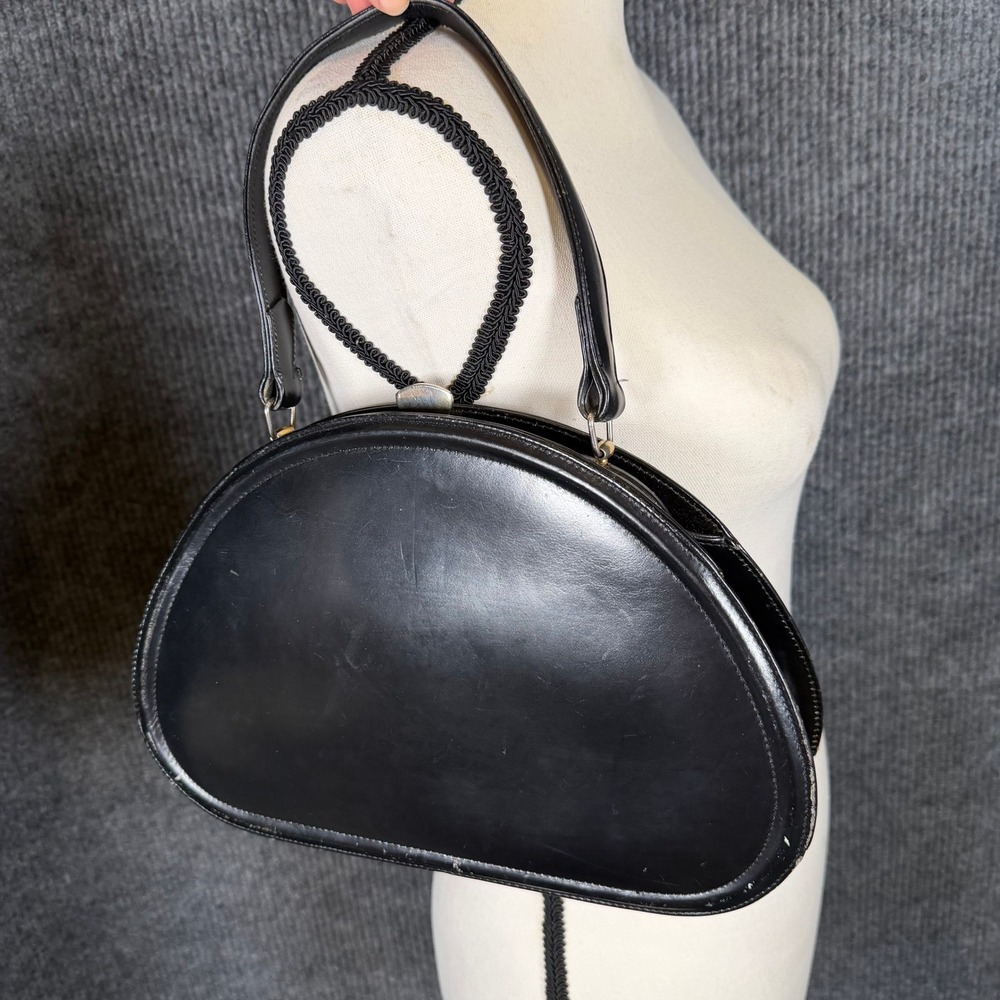 Vtg 60s Dofan Black Top Handle Leather Frame Handbag White Interior France Retro